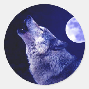 Pegatina Redonda Wolf Howling en la Luna
