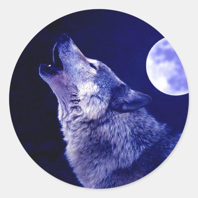 Pegatina Redonda Wolf Howling en la Luna (Anverso)