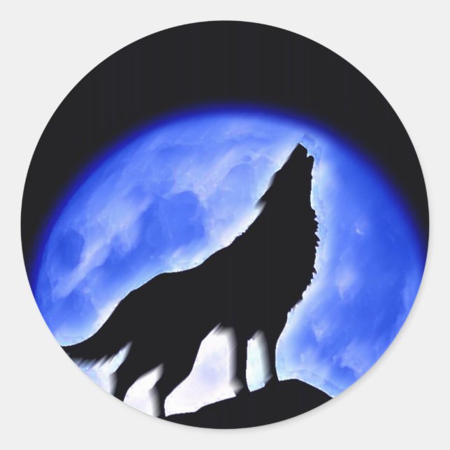 Pegatina Redonda Wolf Howling en la Luna (Anverso)