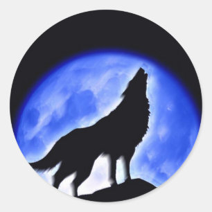 Pegatina Redonda Wolf Howling en la Luna
