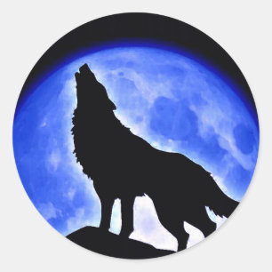 Pegatina Redonda Wolf Howling en la Luna