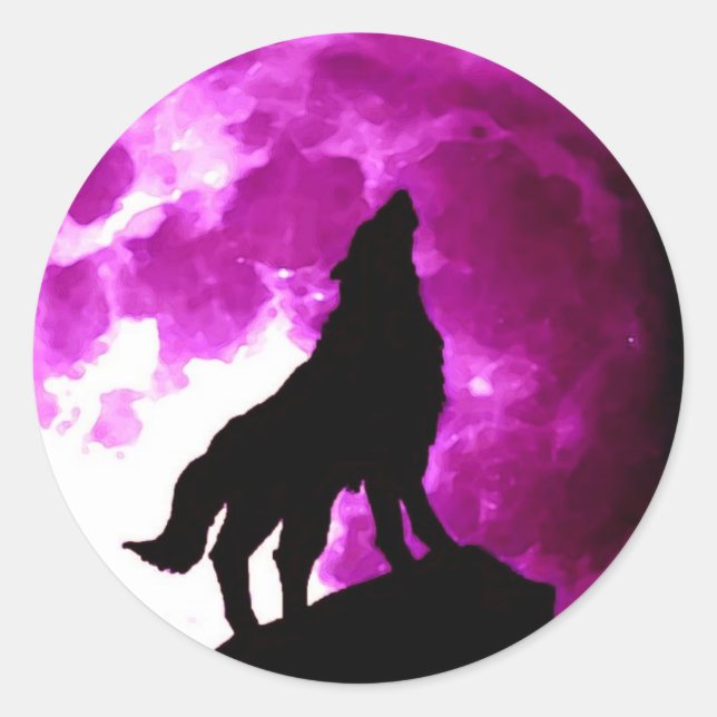 Pegatina Redonda Wolf Howling en la Luna (Anverso)