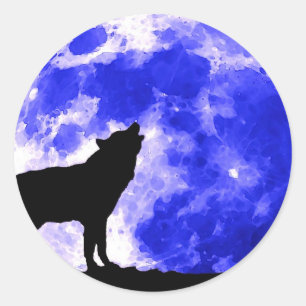 Pegatina Redonda Wolf Howling en Moon Blue Night