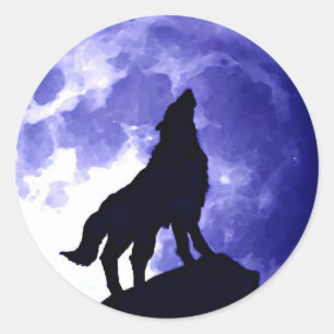 Pegatina Redonda Wolf Howling en Moon Blue Night Fullmoon