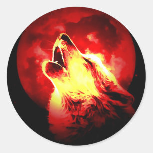 Pegatina Redonda Wolf Howling en Red Night