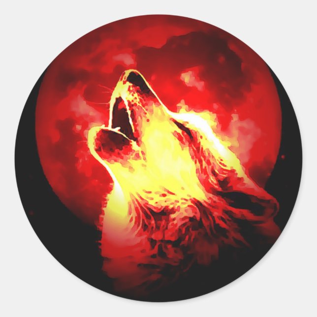 Pegatina Redonda Wolf Howling en Red Night (Anverso)