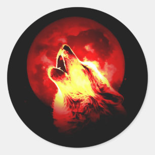 Pegatina Redonda Wolf Howling en Red Night