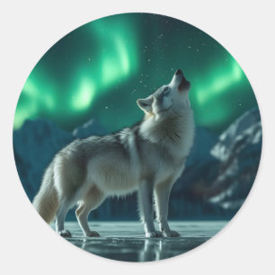 Pegatina Redonda Wolf Howling Under the Northern Lights