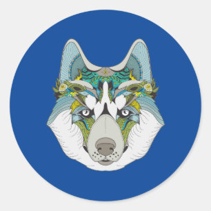 Pegatina Redonda Wolf husky azul