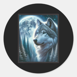 Pegatina Redonda Wolf Icy Moon Galaxy Hundiendo A Los Lobos Gris De