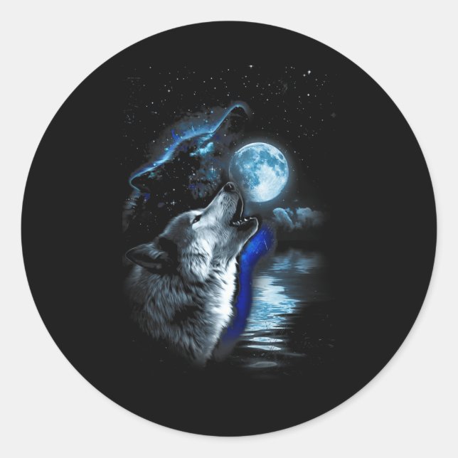 Pegatina Redonda Wolf Moon Lake Wolf Howling Full Moon Wolf Graphic (Anverso)