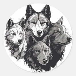 Pegatina Redonda Wolf Pack Tribal Lobos blancos y negros