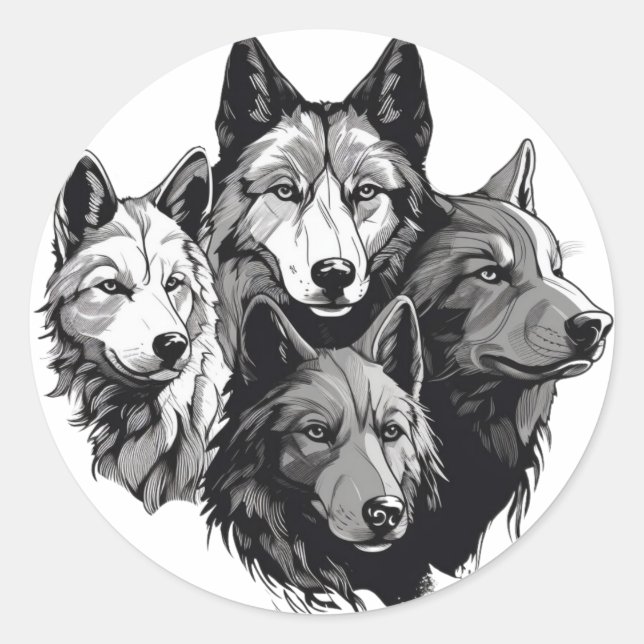 Pegatina Redonda Wolf Pack Tribal Lobos blancos y negros (Anverso)