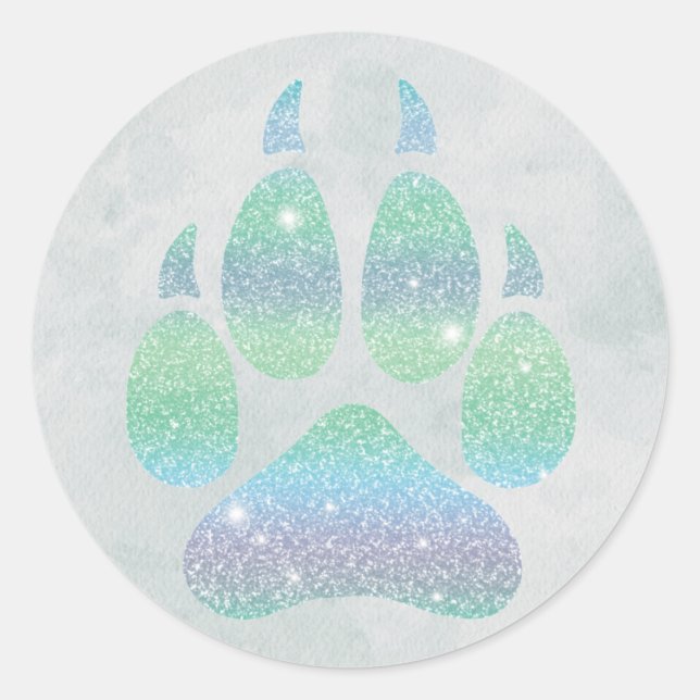 Pegatina Redonda Wolf Paw Trendy Girly, Purpurina del arcoiris (Anverso)