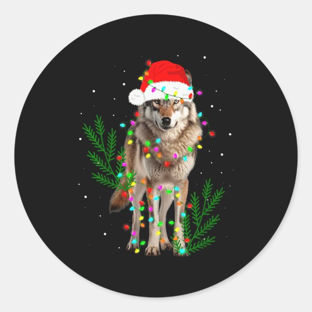 Pegatina Redonda Wolf Santa Hat Christmas Lights Wolf Lover Animal  (Anverso)