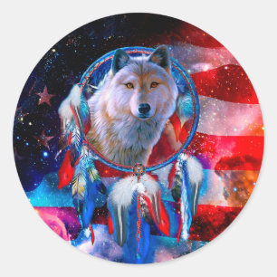 Pegatina Redonda Wolf y Dreamcatcher en la pintura de la bandera es