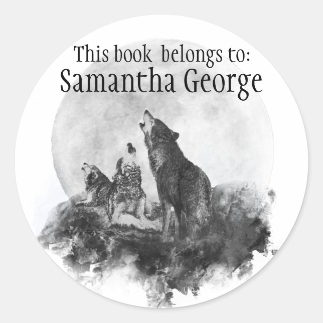 Pegatina Redonda Wolves Howling Moon, este libro pertenece a Bookpl (Anverso)