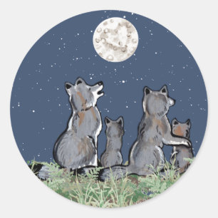 Pegatina Redonda Wolves Wolf Pack Holling en la luna, estrellas de