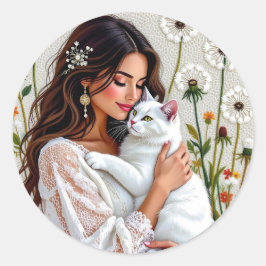Pegatina Redonda Woman and White Cat and Dandelions