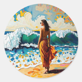 Pegatina Redonda Woman on Beach Abstract Seaside Art