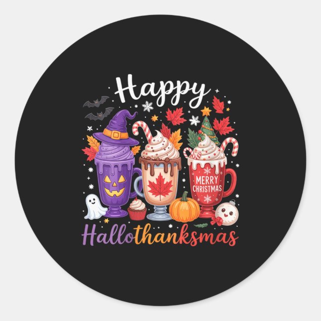 Pegatina Redonda Womens Happy Hallothanksmas Coffee Lover Halloween (Anverso)