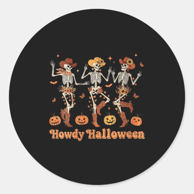 Pegatina Redonda Womens Howdy Halloween Cowboy Cowgirl Skeleton Dan (Anverso)