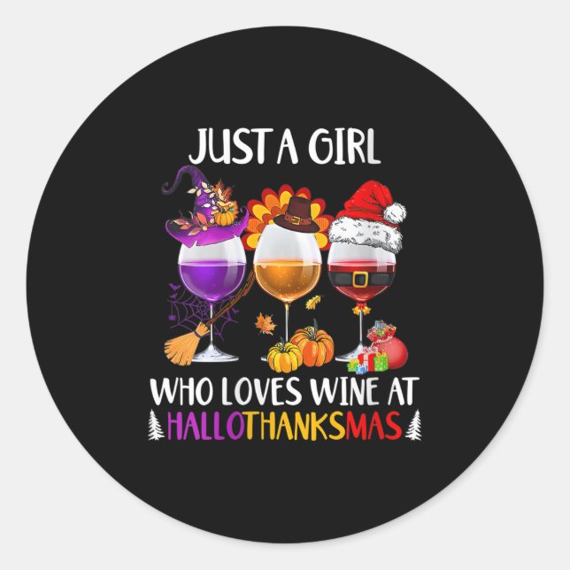 Pegatina Redonda Womens Just A Girl Who Loves Wine At Hallothanksma (Anverso)