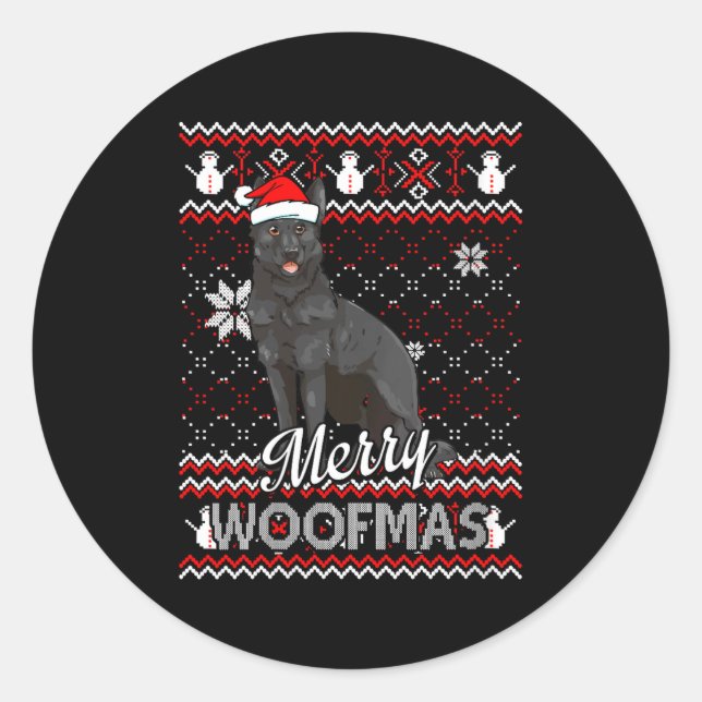 Pegatina Redonda Womens Merry Woofmas Black German Shepherd Dog San (Anverso)