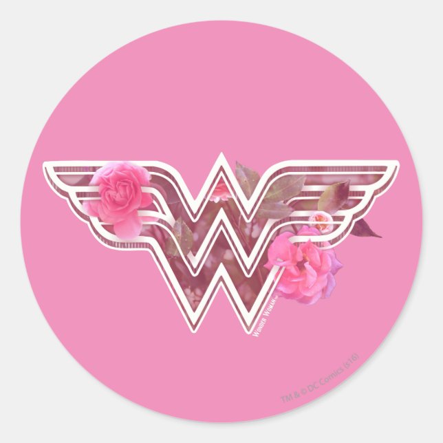 Pegatina Redonda Wonder Woman Pink Camellia Flowers Logo (Anverso)