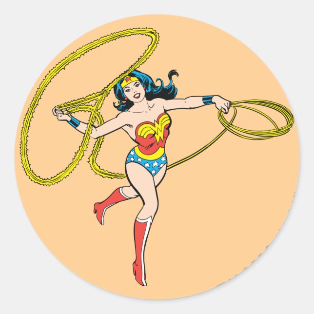 Pegatina Redonda Wonder Woman Swinging Lasso (Anverso)