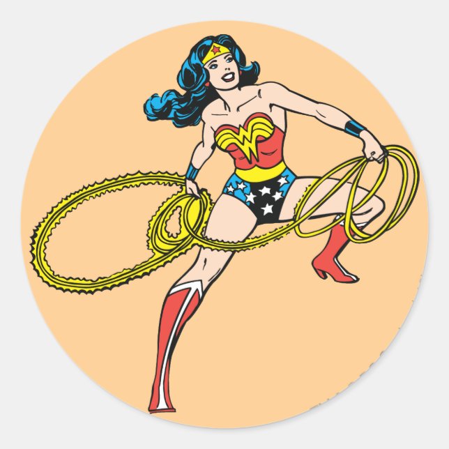 Pegatina Redonda Wonder Woman Swinging Lasso Right (Anverso)