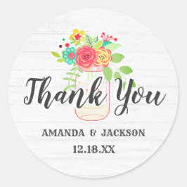 Pegatina Redonda Wood blanca rusa y Mason Jar Boda Gracias