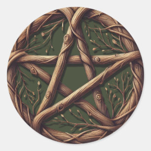 Pegatina Redonda Wood Twig Pentacle Olive Green Wiccan Boda