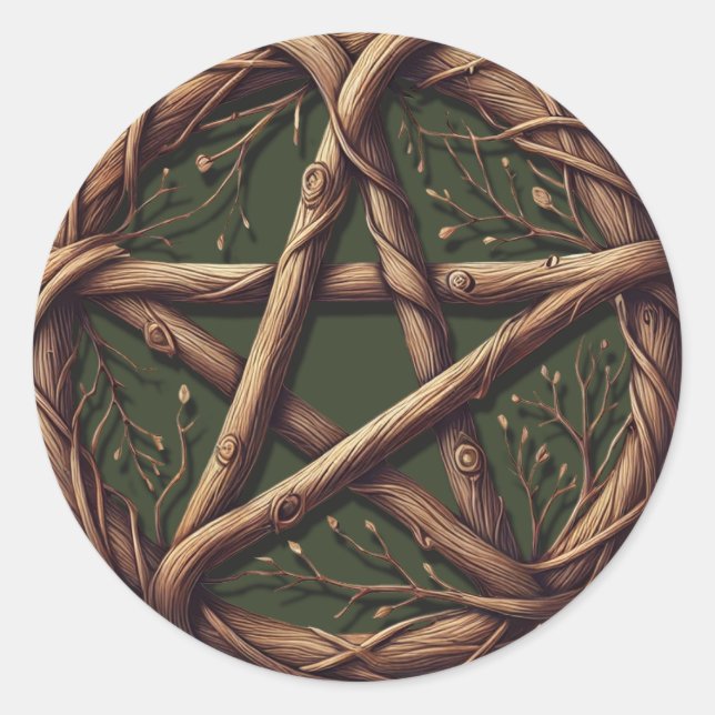 Pegatina Redonda Wood Twig Pentacle Olive Green Wiccan Boda (Anverso)