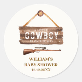 Pegatina Redonda Wooden rústico Wild West Cowboy Gun Baby Shower
