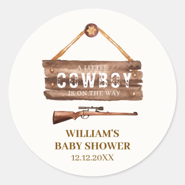 Pegatina Redonda Wooden rústico Wild West Cowboy Gun Baby Shower (Anverso)