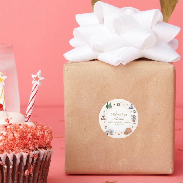 Pegatina Redonda Woodland Adventure espera el camping Baby Shower (Fiesta)