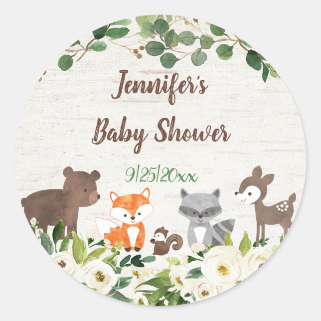 Pegatina Redonda Woodland Animal Floral Baby Shower (Anverso)