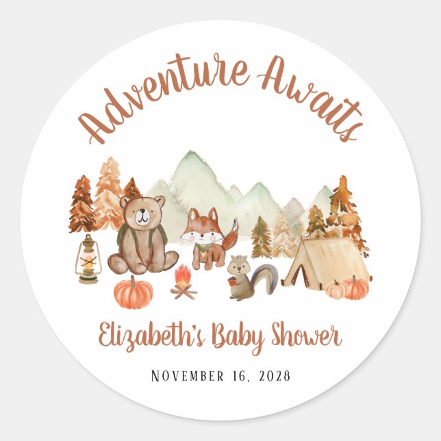 Pegatina Redonda Woodland Animals Autumn Adventure Baby Shower (Anverso)