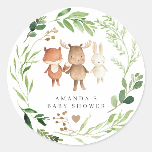 Pegatina Redonda Woodland Animals Baby Shower  (Anverso)