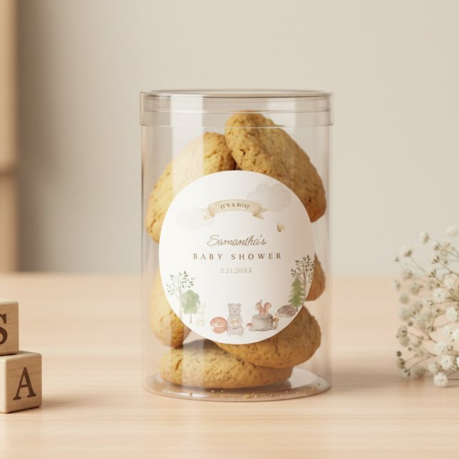 Pegatina Redonda Woodland Animals Baby Shower (Woodland Baby Shower Sticker)