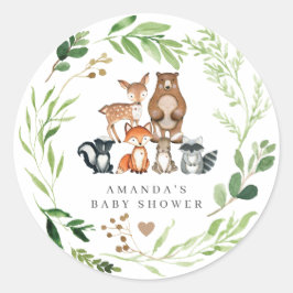 Pegatina Redonda Woodland Animals Baby Shower 