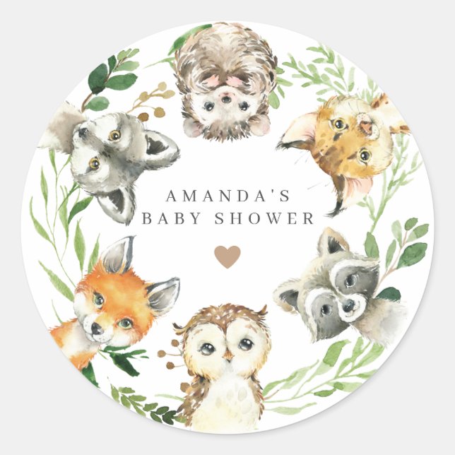 Pegatina Redonda Woodland Animals Baby Shower  (Anverso)
