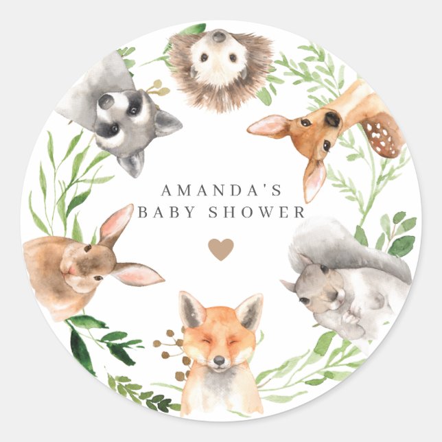 Pegatina Redonda Woodland Animals Baby Shower  (Anverso)