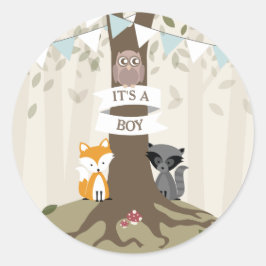 Pegatina Redonda Woodland Animals Baby Shower - Boy