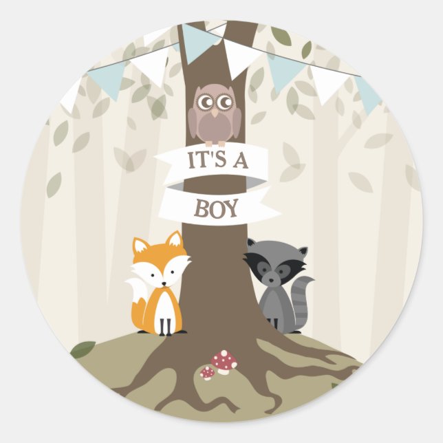 Pegatina Redonda Woodland Animals Baby Shower - Boy (Anverso)