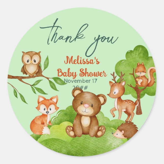 Pegatina Redonda Woodland Animals Bear Fox Owl Baby Shower (Anverso)
