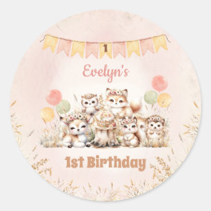 Pegatina Redonda Woodland Animals Boho Pastel Chica Primer cumpleañ