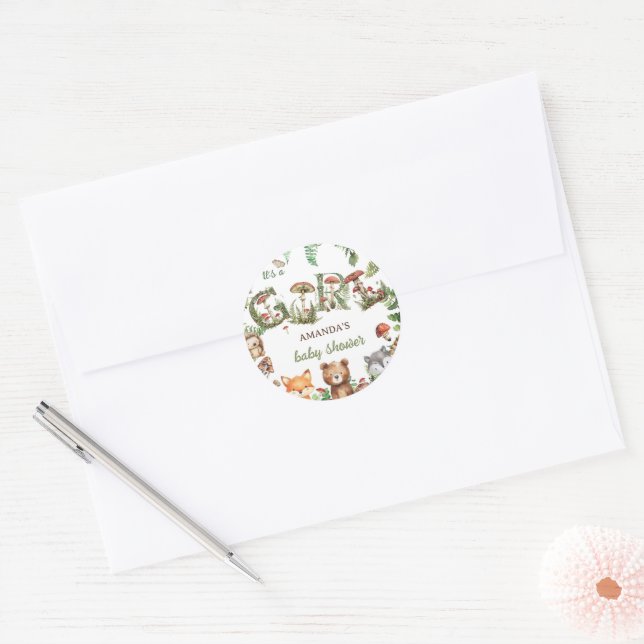Pegatina Redonda Woodland Animals Botanical Baby Shower (Sobre)