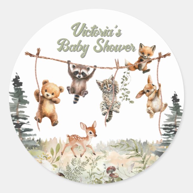 Pegatina Redonda Woodland Animals Clothesline Forest Baby Shower (Anverso)